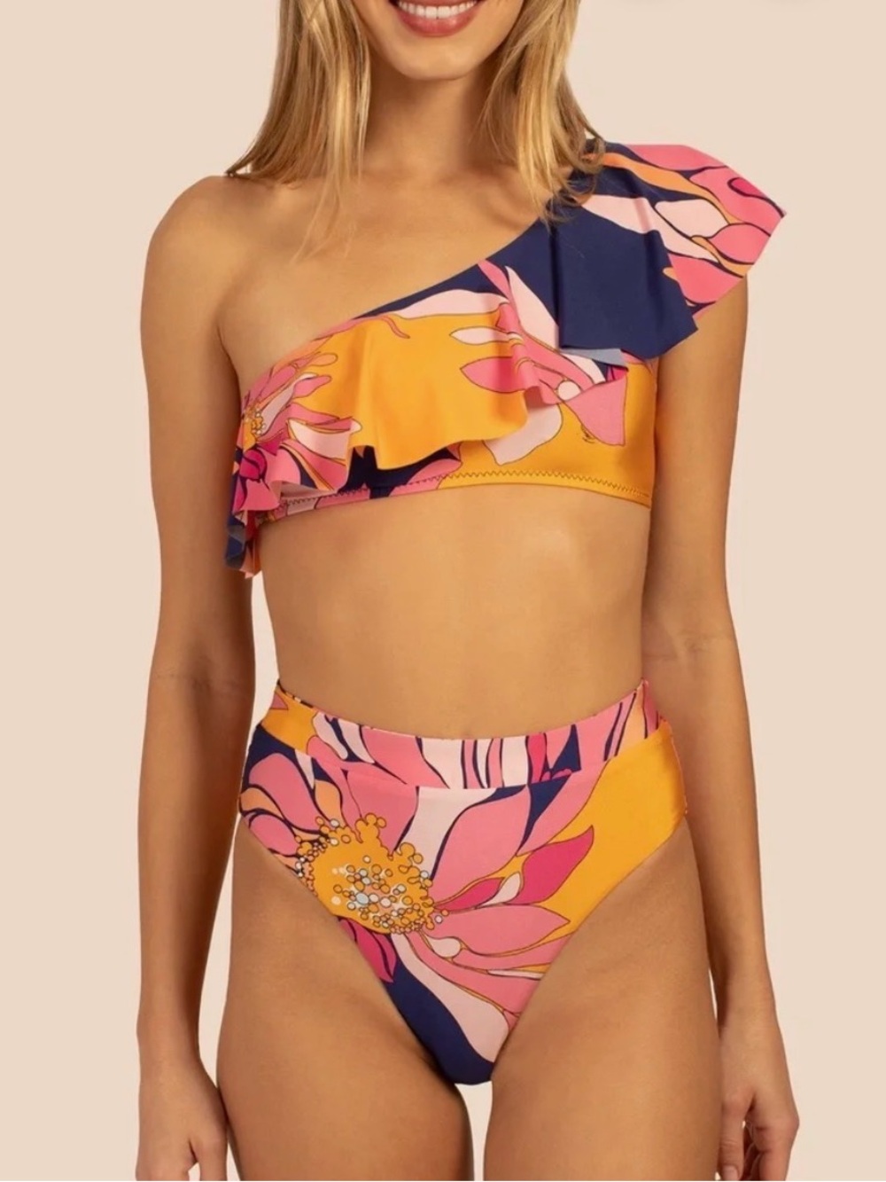 Woman’s Trina Turk Breeze Bikini one shoulder high waisted set medium 6 8 ruffle